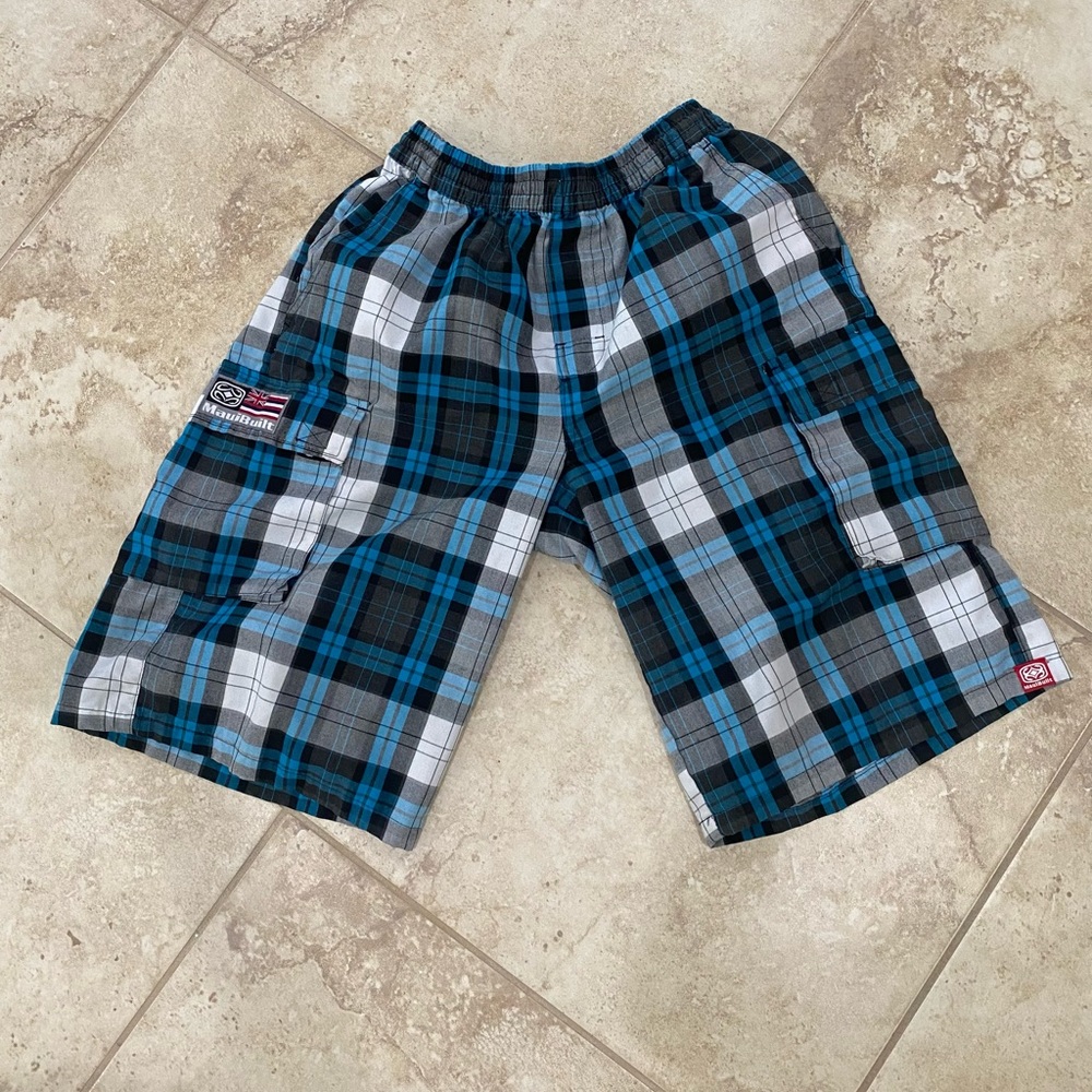 90’s Surf Style Maui Built Hawaii Long Plaid Baggy Cargo Shorts Stretch Waist